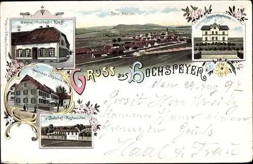 Litho Hochspeyer Rheinland Pfalz, Gasthaus Häberle, Gastwirtschaft Krafft, Bahnhof Restauration