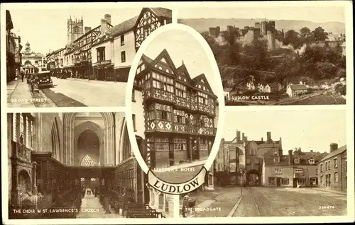 Ak Ludlow Shropshire England, Broad Street, Feathers Hotel, Castle, St. Lawrence´s Church