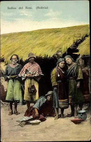 Ak Bolivia, Indios del Beni, Anwohner vor einer Hütte