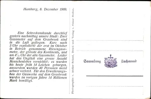 Ak Hamburg Grasbrook, Explosion der Gaswerke, 8. Dezember 1909, Feuerwehr, Brand, Gasometer