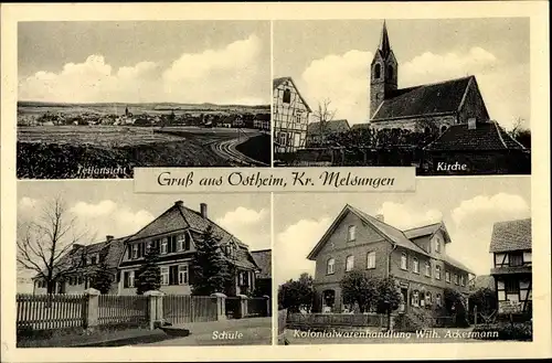Ak Ostheim Malsfeld Schwalm Eder Kreis, Kolonialwarenhandlung Wilh. Ackermann, Kirche, Schule