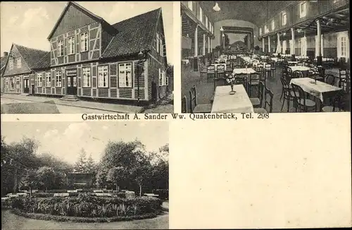 Ak Quakenbrück Niedersachsen, Gstwirtschaft A. Sander, Straßenansicht, Innenansicht, Bühne, Terrasse