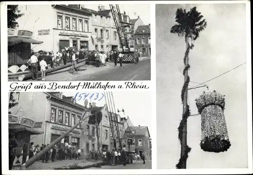 Ak Mülhofen Bendorf in Rheinland Pfalz, Maibaum, Kran, Straßenpartie, Gasthaus Metzgerei