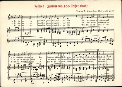 Liedkarten Ak Zeulenroda Triebes Thüringen, Festlied, 500 Jahre Stadt, R. Simmerling, F. Sporn