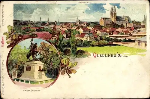 Litho Quedlinburg im Harz, Stadtpanorama, Siegesdenkmal