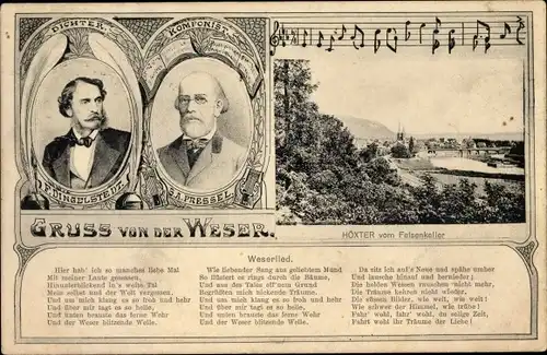 Ak Höxter in NRW, Panoramablick vom Felsenkeller, Portraits, F. Dingelstedt, G.A. Pressel, Weserlied