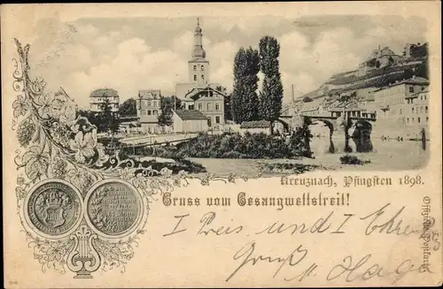 Ak Bad Kreuznach in Rheinland Pfalz, Gesangwettstreit, Pfingsten 1898, Kirche, Brücke