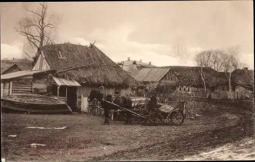 Ak Russland, Dorfansicht, Wohnhäuser, Fuhrwerk