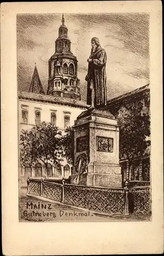 Künstler Ak Mainz in Rheinland Pfalz, Blick auf das Gutenberg Denkmal