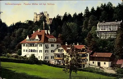 Ak Hohenschwangau Schwangau im Ostallgäu, Pension Müller mit königlichen Schloss