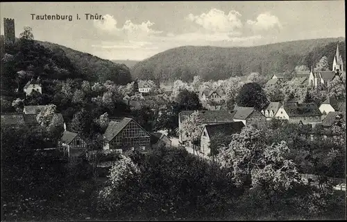 Ak Tautenburg in Thüringen, Ortsansicht mit Kirche und Turm der Ruine