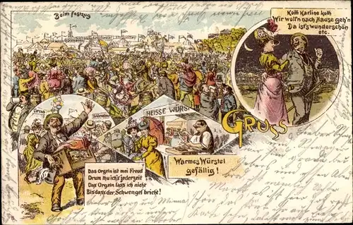 Litho Volksfest, Kirmes, Festzug, Würstel, Drehorgel, Leierkasten, Liebespaar 