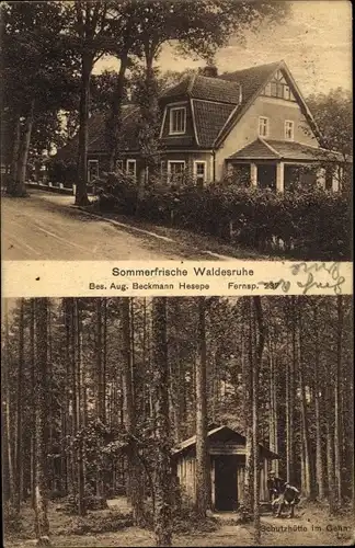 Ak Hesepe Bramsche, Sommerfrische Waldesruhe von Aug. Beckmann aus Hesepe, Hütte im Gehn