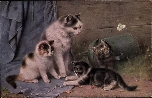 Künstler Ak Katze mit jungen Kätzchen, Schmetterling, Gießkanne