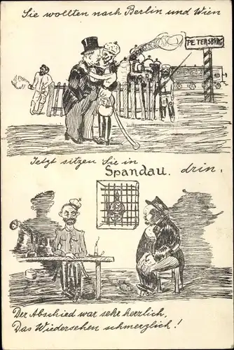 Künstler Ak Zar Nikolaus II., Poincaré?, John Bull?, Festungshaftanstalt Spandau, Propaganda I. WK