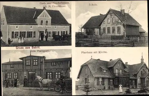 Ak Bakitt?, Gasthaus von N. Friedländer, Postagentur, Schule, Pfarrhaus, Kirche