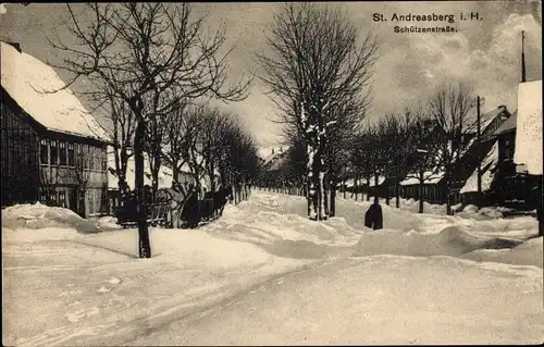 Ak St. Andreasberg Braunlage im Harz, Schützenstraße im Winter 