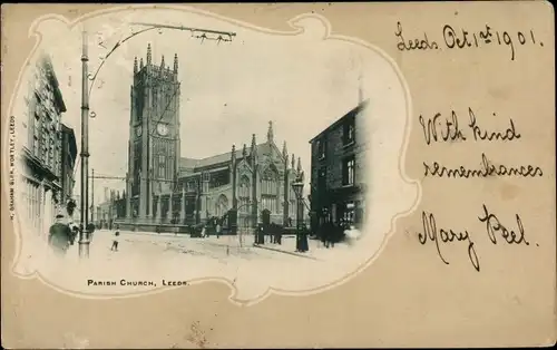 Passepartout Ak Leeds Yorkshire England, Parish Church, Straßenpartie mit Blick auf die Kirche