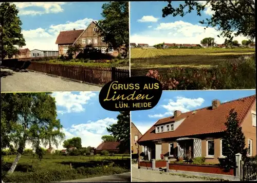 Ak Linden Schwienau in der Lüneburger Heide, Blick über die Felder zum Ort, Fachwerkhaus