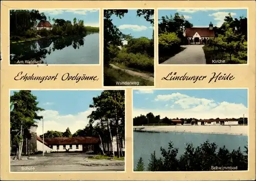 Ak Ovelgönne Hambühren in Niedersachsen, Kirche, Wanderweg, Waldsee, Schule, Schwimmbad