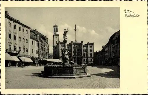 Ak Zittau in der Oberlausitz, Marktplatz, Statue, Brunnen, Wohnhäuser, Geschäfte