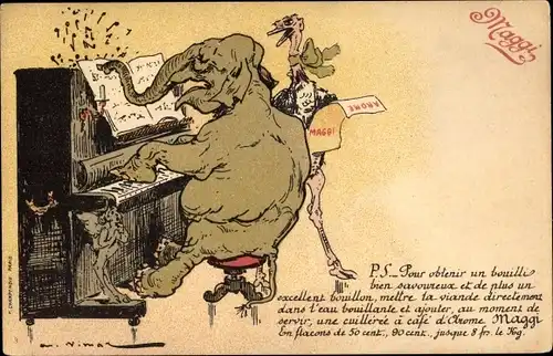 Künstler Ak Vimar, A., Reklame Maggi, Elefant am Klavier, singender Strauß