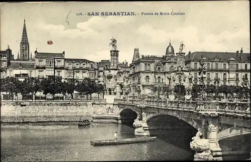 Ak San Sebastian Baskenland, Puente de Maria Cristina, Brücke, Kirchturm