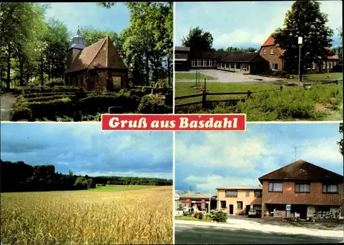 Ak Basdahl Landkreis Rotenburg Wümme Niedersachsen, Kirche, Felder, Schule, Geschäft