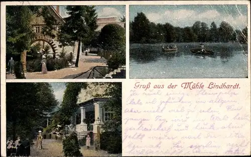 Ak Lindhardt Naunhof in Sachsen, Mühle Lindhardt, Straßenansicht, Mühlenrad, Eingang, Seepartie