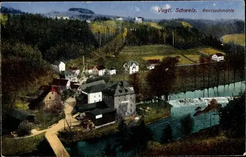 Ak Rentzschmühle Pöhl im Vogtland, Blick auf Ortschaft und Umgebung, Wehr