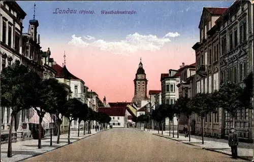 Ak Landau in der Pfalz, Westbahnstraße, Blick auf die Kirche
