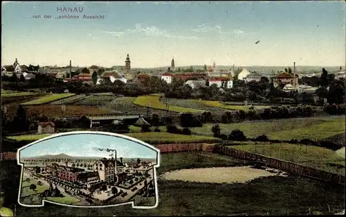 Ak Hanau in Hessen, Panorama vom Ort von der schönen Aussicht aus, historische lith. Ansicht