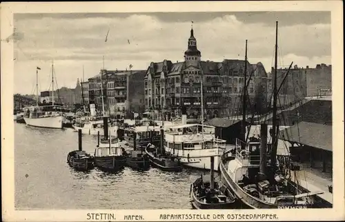 Ak Szczecin Stettin Pommern, Hafen, Abfahrtsstelle der Ostseedampfer