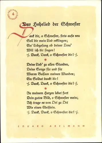 Gedicht Ak Eduard Abelmann, Das Hohelied der Schwester, Dank dir, o Schwester