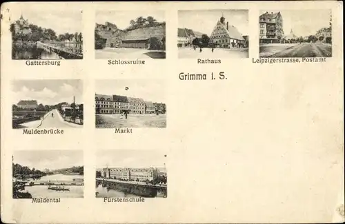 Ak Grimma in Sachsen, Gattersburg, Schlossruine, Rathaus, Postamt, Muldenbrücke, Marktplatz