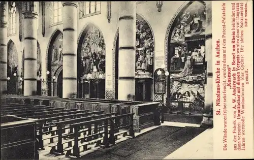 Ak Aachen in Nordrhein Westfalen, St. Nikolaus Kirche, Innenansicht, Wandmalerei