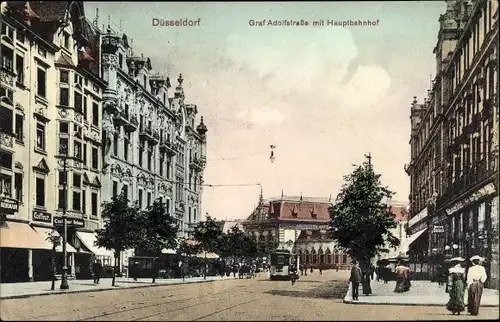 Ak Düsseldorf am Rhein, Graf Adolfstraße mit Hauptbahnhof