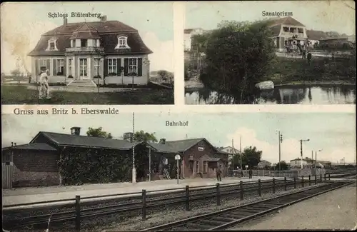 Ak Britz Barnim, Bahnhof, Gleisansicht, Schloss Blütenberg, Sanatorium