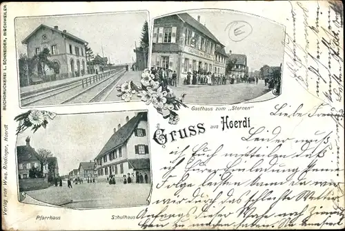 Ak Hœrdt Hördt Elsass Bas Rhin, Bahnhof, Gasthaus zum Sternen, Pfarrhaus, Schulhaus