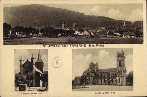 Ak Neuwiller lès Saverne Neuweiler Elsass Bas Rhin, Temple protestant, Église catholique
