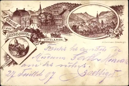 Litho Grendelbruch Elsass Bas Rhin, Hotel, Bes. A. Riss, Girbaden, Kirche