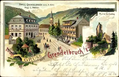 Litho Grendelbruch Elsass Bas Rhin, Hotel, Prop. L. Weber, Ruine Girbaden