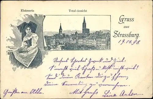 Litho Strasbourg Straßburg Elsass Bas Rhin, Elsässerin in Volkstracht, Totalansicht von der Stadt