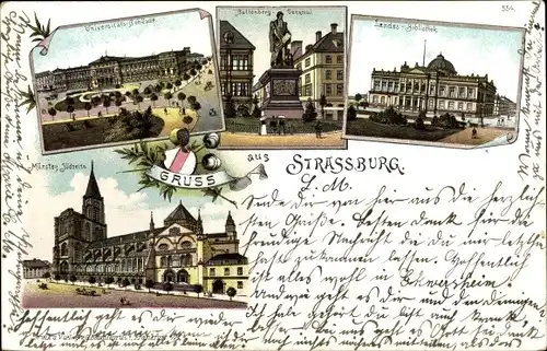 Litho Strasbourg Straßburg Elsass Bas Rhin, Universität, Münster, Guttenberg Denkmal, Bibliothek