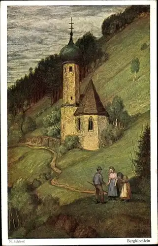 Künstler Ak Schiestl, Matthäus, Bergkirchlein, Landschaftsansicht, Bauern