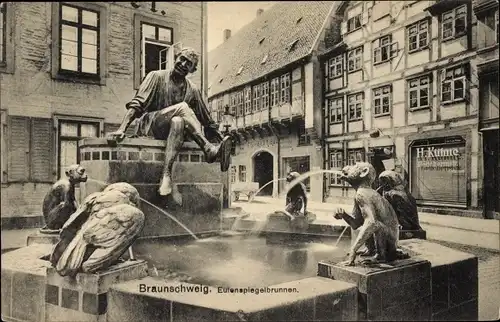 Ak Braunschweig in Niedersachsen, Eulenspiegelbrunnen und Straßenpartie