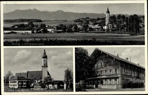 Ak Prutting in Oberbayern, Panorama vom Ort u. Gebirge, Schule, Kirche, Gasthof zur Post