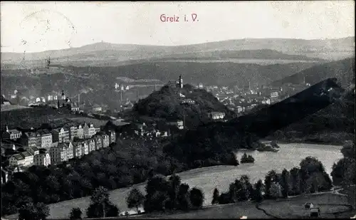 Ak Greiz in Thüringen, Panorama der Ortschaft und Umgebung, See