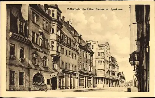 Ak Mittweida in Sachsen, Rochlitzer Straße mit Sparkasse, Hotel Deutsches Haus