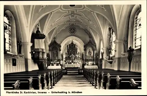 Ak Unterhaching in Oberbayern, Pfarrkirche St. Korbinian, Inneres, Blick auf den Altar